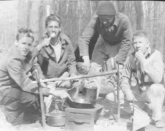 Black and white photograph of boys for the State Public School on a camp out, c.1940.