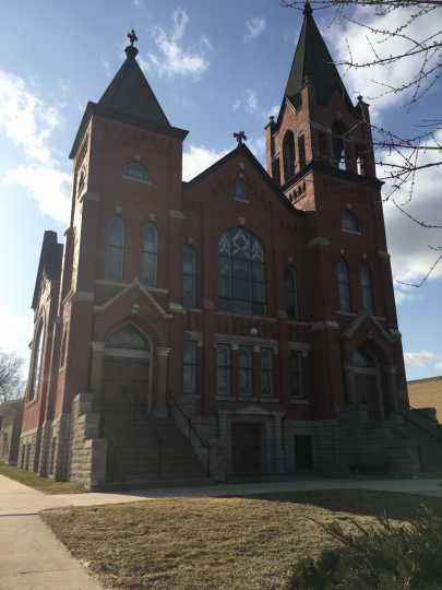 Photograph of front of Greenfield Lutheran Church, circa 2018.