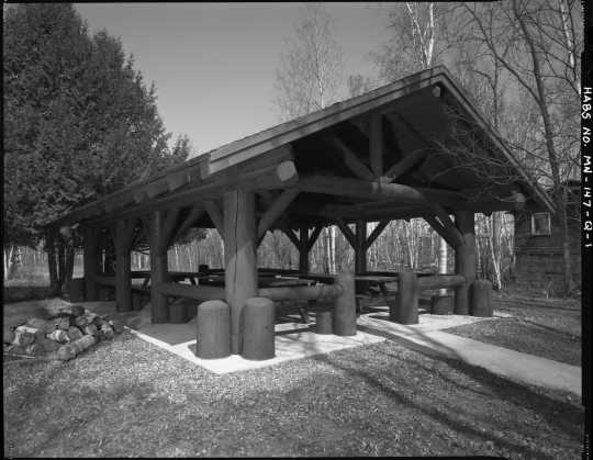 The picnic shelter at CCC Camp Rabideau F-50. Photo by Jerry Mathiason, 1994. From box 1 (144.G.8.4F) of Historic American Buildings Survey records related to Minnesota structures, 1882-2001, 1883. Manuscripts Collection, Minnesota Historical Society, St. Paul.