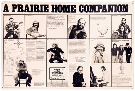 A poster advertising A Prairie Home Companion band members and several fictional sponsors, ca. 1970s.
