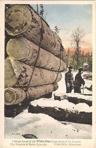 A sleigh load of white pine logs about to be tripped, Virginia and Rainy Lake Company, ca. 1920.