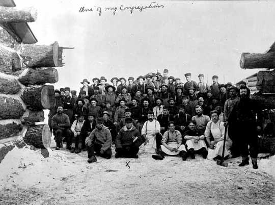 Black and white photograph of a Lumber camp crew, ca. 1915.