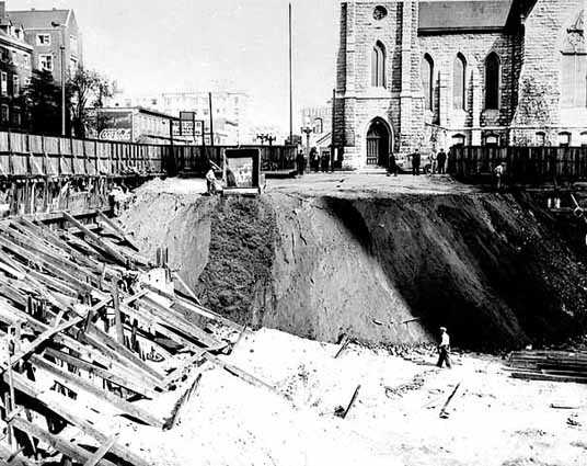 Black and white photograph of the excavation for Foshay Tower, c.1927.