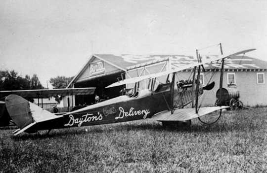 Black and white photograph of Curtiss aircraft used for Dayton’s merchandise delivery, 1922.