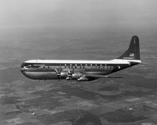 Black and white photograph of Northwest Airlines Stratocruiser, c.1955. Photographed by Don Berg Photography.