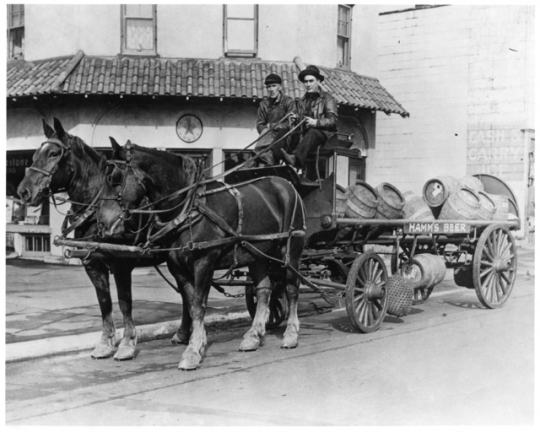 Hamm’s Brewery keg delivery wagon, ca. 1923. Hamm’s delivered kegs of beverages via horse-drawn carts. 