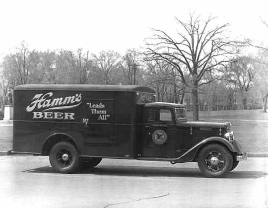 Hamm’s Brewery distribution truck, ca. 1933. Hamm’s owned trucks would distribute beer to businesses throughout Minnesota.