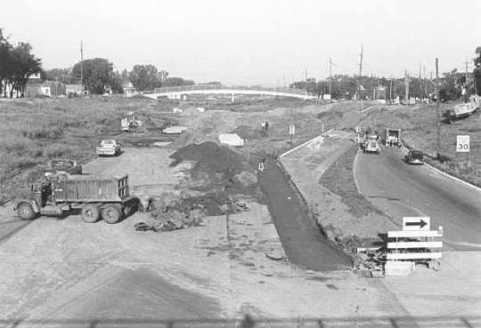 Black and white photograph of the construction of I-94 at the former intersection of Rondo and Fairview Avenues, September 1, 1967. 