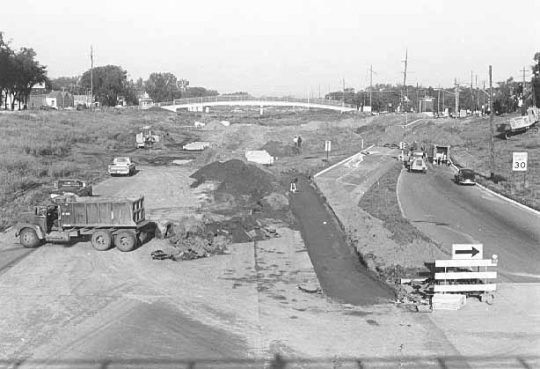 Black and white photograph of the construction of I-94 at the former intersection of Rondo and Fairview Avenues, September 1, 1967. 