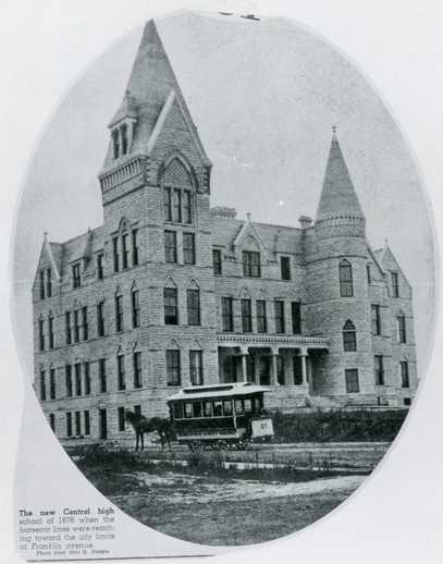 Black and white photograph of a horsecar in front of Central High School, Minneapolis, 1878.