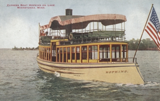 Colorized postcard of a Twin City Rapid Transit Company Express boat Hopkins on Lake Minnetonka, c. 1908.