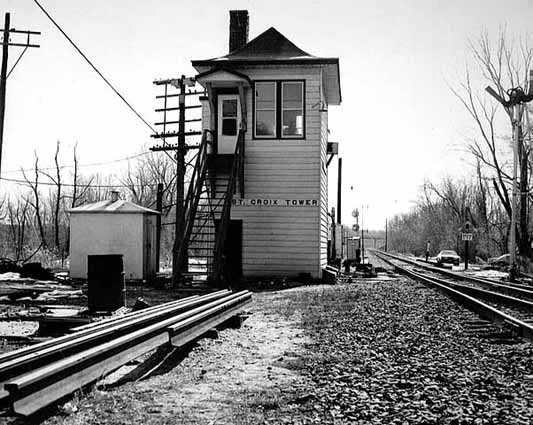 Black and white photograph of the St. Croix tower on Milwaukee Road north of Hastings. Photograph by Richard G. Smedley, 1983.