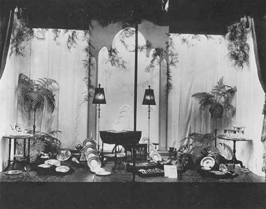 Black and white photograph of window display of gifts for bride, c.1923.
