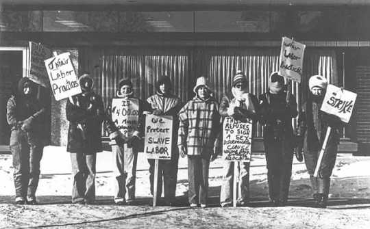 Black and white photograph of the Willmar 8 on strike, c.1977