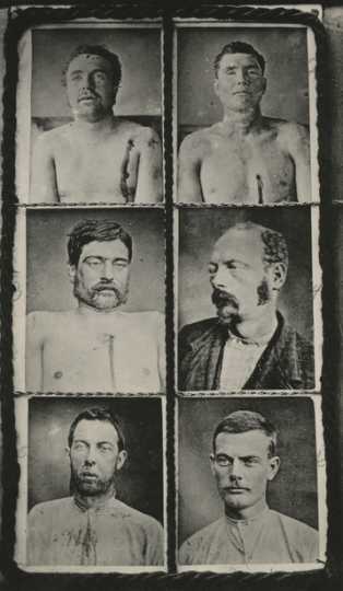 Black and white photographs of dead and captured Northfield Raid gang members, produced by Sumner Studio, 1876.
