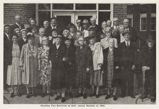 Photograph of survivors of the 1894 Hinckley fire taken at the reunion held on the fiftieth anniversary of the fire, 1944. From the Betty Moore and family papers, 1848–1973 (bulk 1920–1950s), P2698, box 2. Manuscripts Collection, Minnesota Historical Society, St. Paul.