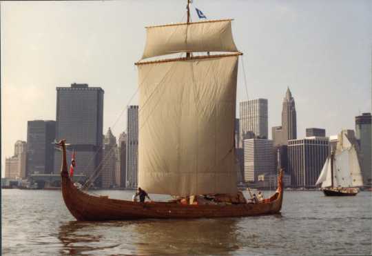 Color image of the Hjemkomst in New York Harbor. Photograph by Rose Asp, 1982. From the Rose Asp Collection, Historical and Cultural Society of Clay County.