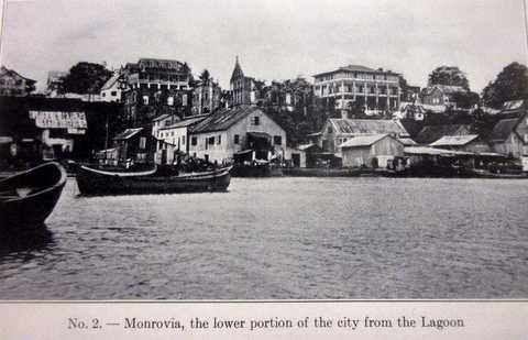 Black and white postcard of Monrovia waterfront, ca. 1900s.