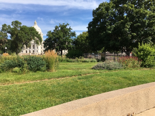 A view of the Minnesota Woman Suffrage Memorial Garden, looking northeast, 2019. Photo by Linda A. Cameron.