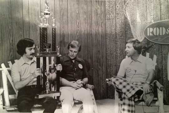 Don Overcash (left) and Ken Bresley (right) promoting the first International Eelpout Festival on a Duluth television sports show, 1980. Photo by Don Smith, Walker Pilot-Independent. Used with permission.