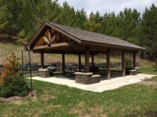 Color image of a picnic shelter in Lake Vermilion–Soudan Underground Mine State Park. Photograph by Minnesota Department of Natural Resources Staff, May 22, 2014.