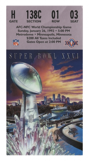 Color image of a Superbowl XXVI admission ticket for the AFC-NFC World Championship Game, January 26, 1992 at the Metrodome.