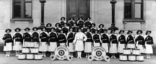 Black and white photograph of the American Legion drum and bugle corps of Crookston, ca. 1930.