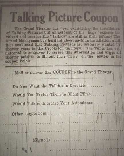Coupon asking for public opinion on “talkies” in the Crookston Daily Times, May 21, 1929.