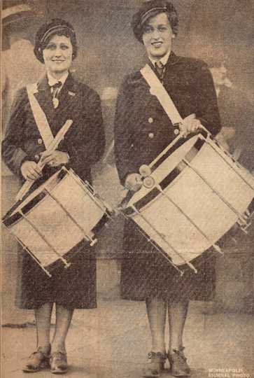 Black and white photograph of Ella McCaffrey (left) and Jane Raudiff (right) at Albert Lea American Legion Convention, 1935.
