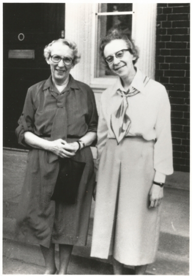 Black and white photograph of Agnes Keenan (left) and her sister, Anna Keenan (Sister Immaculata, CSJ), c.1960. From the Agnes Keenan Collection. St. Catherine University Archives, St. Paul.