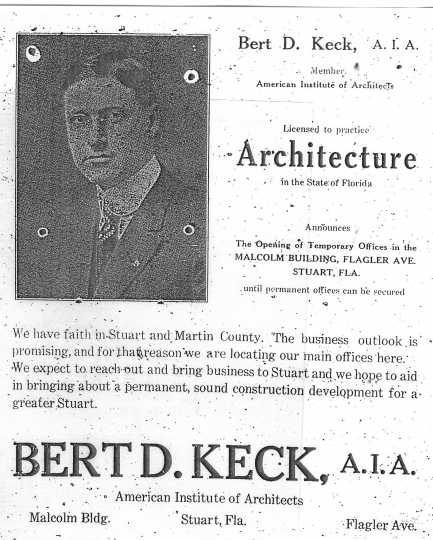 Black and white scan of an ad Keck placed in Stuart, Florida, when he moved there in 1925 and set up an architectural practice.