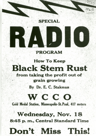 Advertisement for a radio broadcast on WCCO hosted by E. C. Stakman in 1925—an example of public education about barberry eradication.