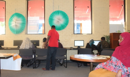 Color image of the interior of the Confederation of Somali Community in Minnesota (CSCM), 2017. Photograph by Ibrahim Hirsi.