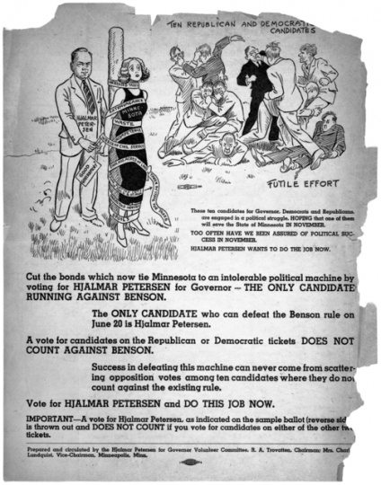 Campaign literature for Hjalmar Petersen, Farmer-Labor Party candidate for Governor, 1938. 