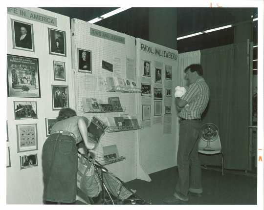 Black and white photograph of JCRC/ADL display at the Minnesota State Fair, c.1986. 