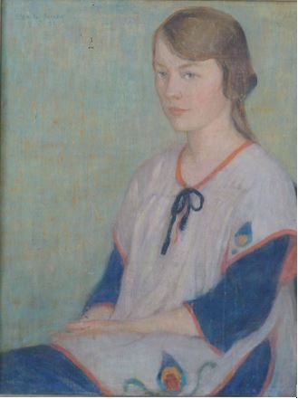 Color image of unknown title, obverse (Girl in a Tabard), oil-on-canvas painting by Elsa Jemne, 1920.