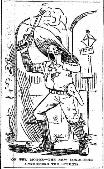 Black and white scan of "On the motor – the new conductor announcing the streets." Minneapolis Journal, April 20, 1889. 
