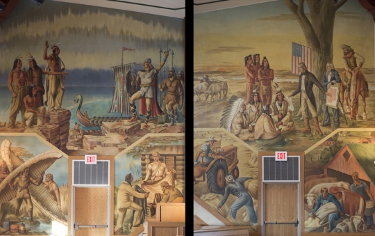 Color image of panels of a mural in Kiehle Hall, ca. 2017.