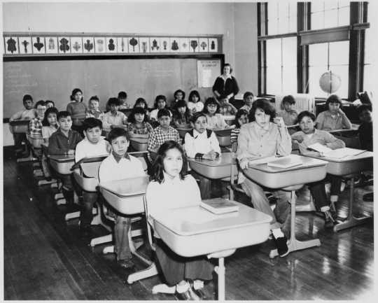 Classroom in Redby Elementary School, Red Lake Reservation, ca. 1953. Photograph by Hakkerup Studio.