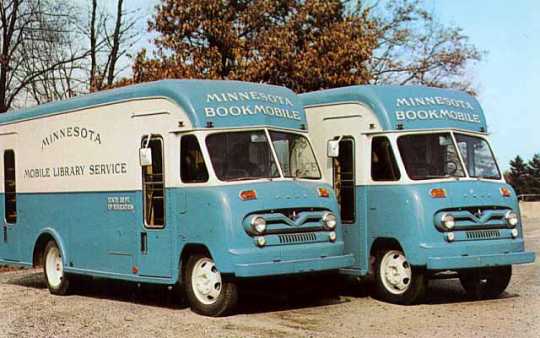Bookmobiles funded and managed by the Minnesota State Department of Education, ca. 1960.