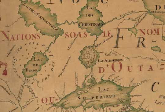 Detail view of a map made in 185 by Jean-Baptiste Louis Franquelin. Text surrounding Lake Mille Lacs (at center left, labelled here as Lac de Buade) identifies the area as inhabited by the "Issatis," or Santee Dakota. The map provides some of the earliest extant textual evidence of a Dakota community at Lake Mille Lacs.