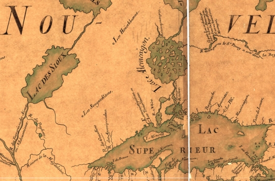 Detail view of a map made in 1685 by Jean-Baptiste Louis Franquelin. Lake Mille Lacs (at center left) is labelled as "Lac des Sioux, suggesting that the area was known as a home for Dakota people as early as the seventeenth century.