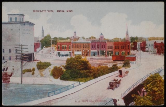 Pillsbury Lincoln Mill and a bird's-eye-view of Anoka, Minnesota