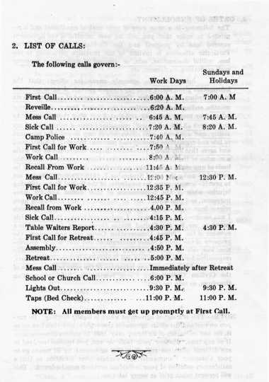 Black and white scane of a daily CCC camp schedule from Handbook of instruction for enrollees, 1939.