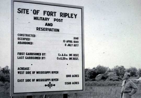 Black and white photograph of a sign marking the site of old Fort Ripley, 1850.