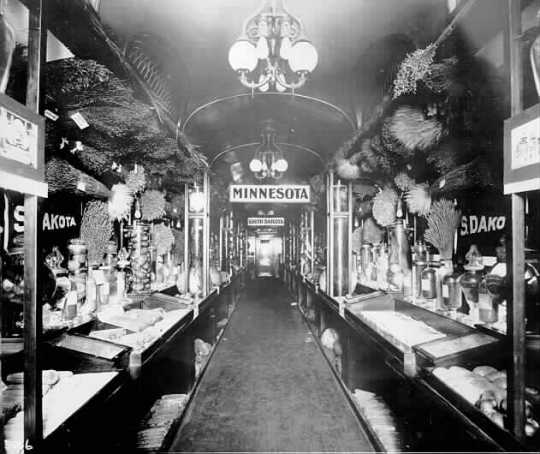 Black and white photograph of a Minnesota exhibit of farm product in railway car, Great Northern Railway, Western Governors Special, ca. 1911.