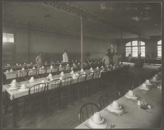 Interior view of patient's dining room at the Anoka State Hospital, ca. 1910.
