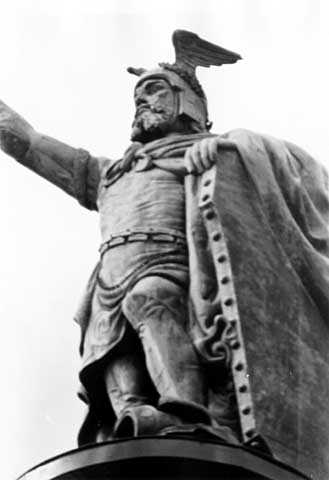 Black and white photograph of the Hermann the German Monument, New Ulm, ca. 1973.