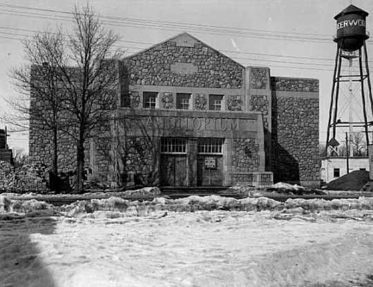 Black and white photograph of Deerwood Auditorium the year construction was finished, 1937.