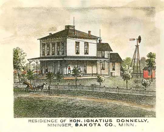 Colored print illustrating the home of Ignatius Donnelly in Nininger, Minnesota, 1874.